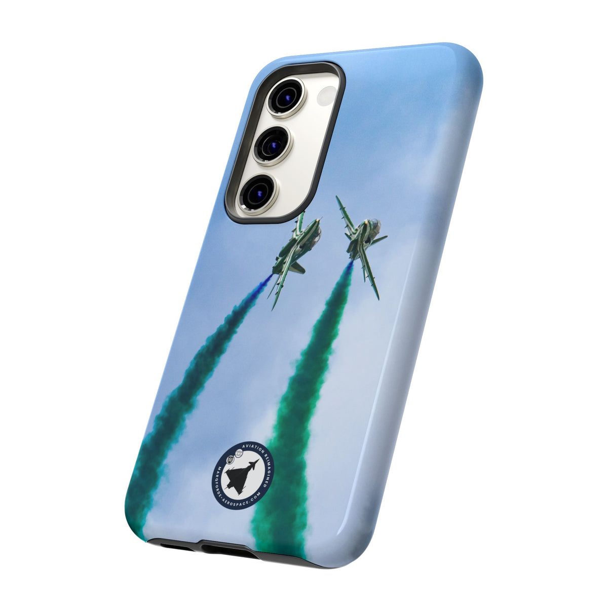 Two Saudi Hawks jets crossing in green smoke aviation photo Samsung Galaxy tough phone case – view 27