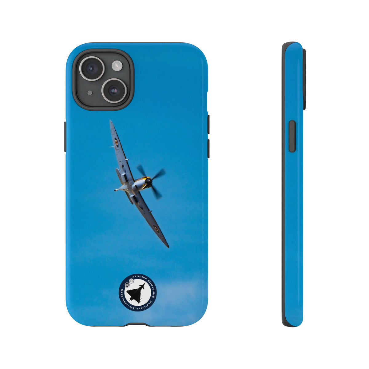 Camouflaged RAF Spitfire banking in a blue sky aviation photo iPhone tough phone case – view 2