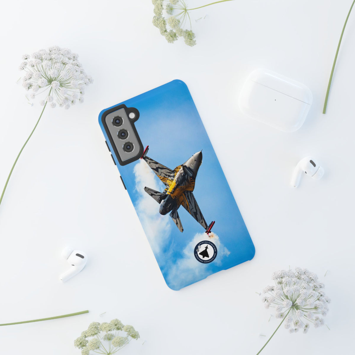 Tiger-striped Belgian F-16 banking hard with smoke aviation photo Samsung Galaxy tough phone case – view 25