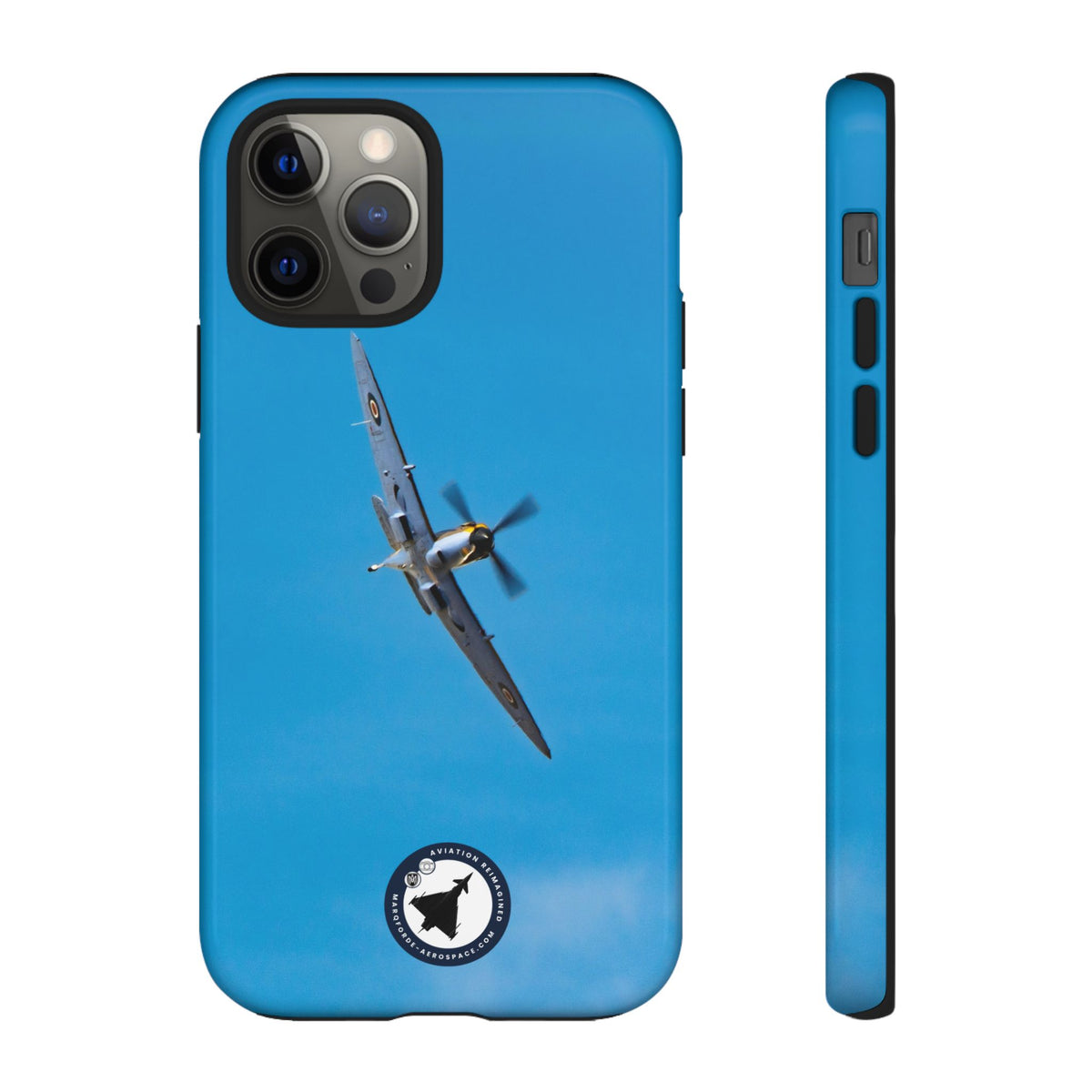 Camouflaged RAF Spitfire banking in a blue sky aviation photo iPhone tough phone case – view 14