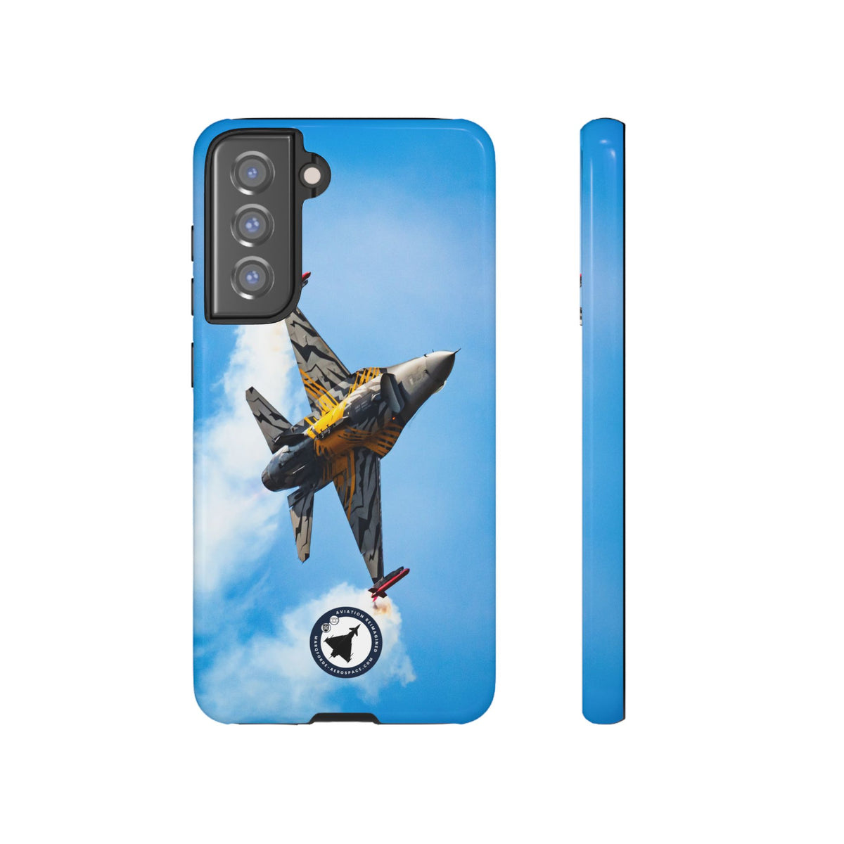Tiger-striped Belgian F-16 banking hard with smoke aviation photo Samsung Galaxy tough phone case – view 9