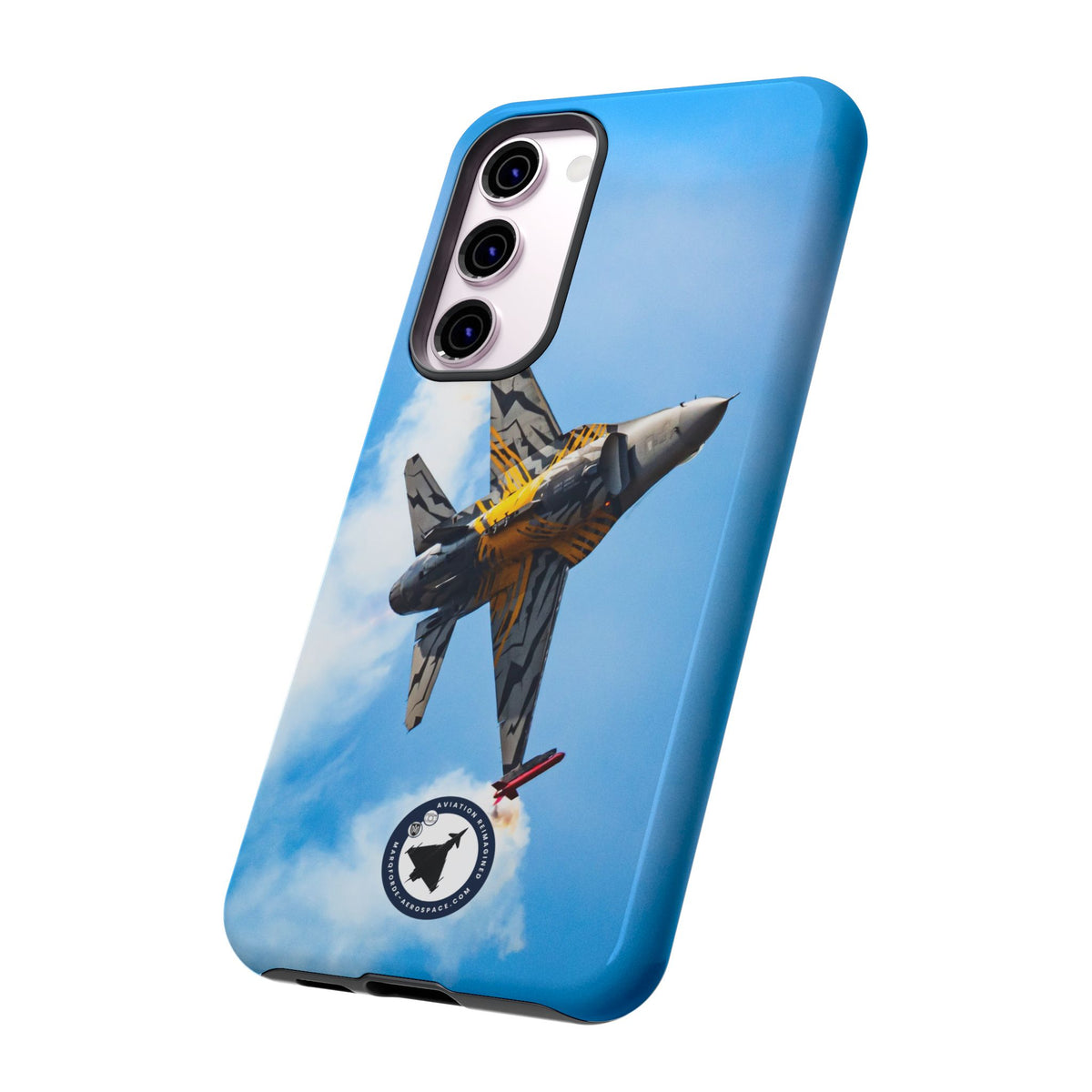 Tiger-striped Belgian F-16 banking hard with smoke aviation photo Samsung Galaxy tough phone case – view 35