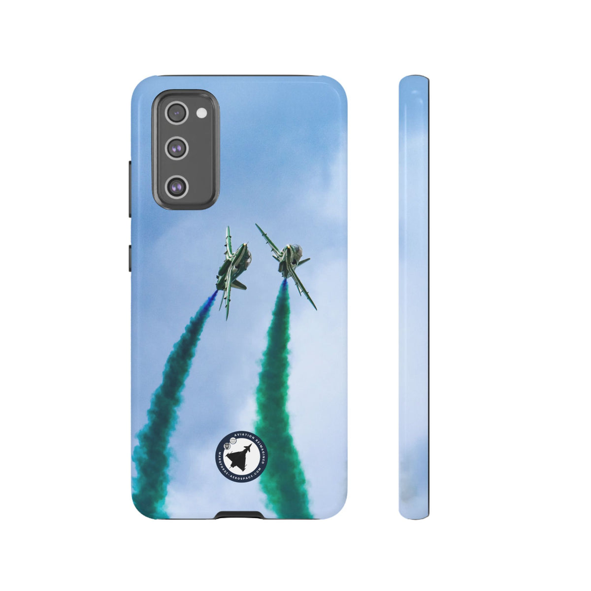 Two Saudi Hawks jets crossing in green smoke aviation photo Samsung Galaxy tough phone case – view 4