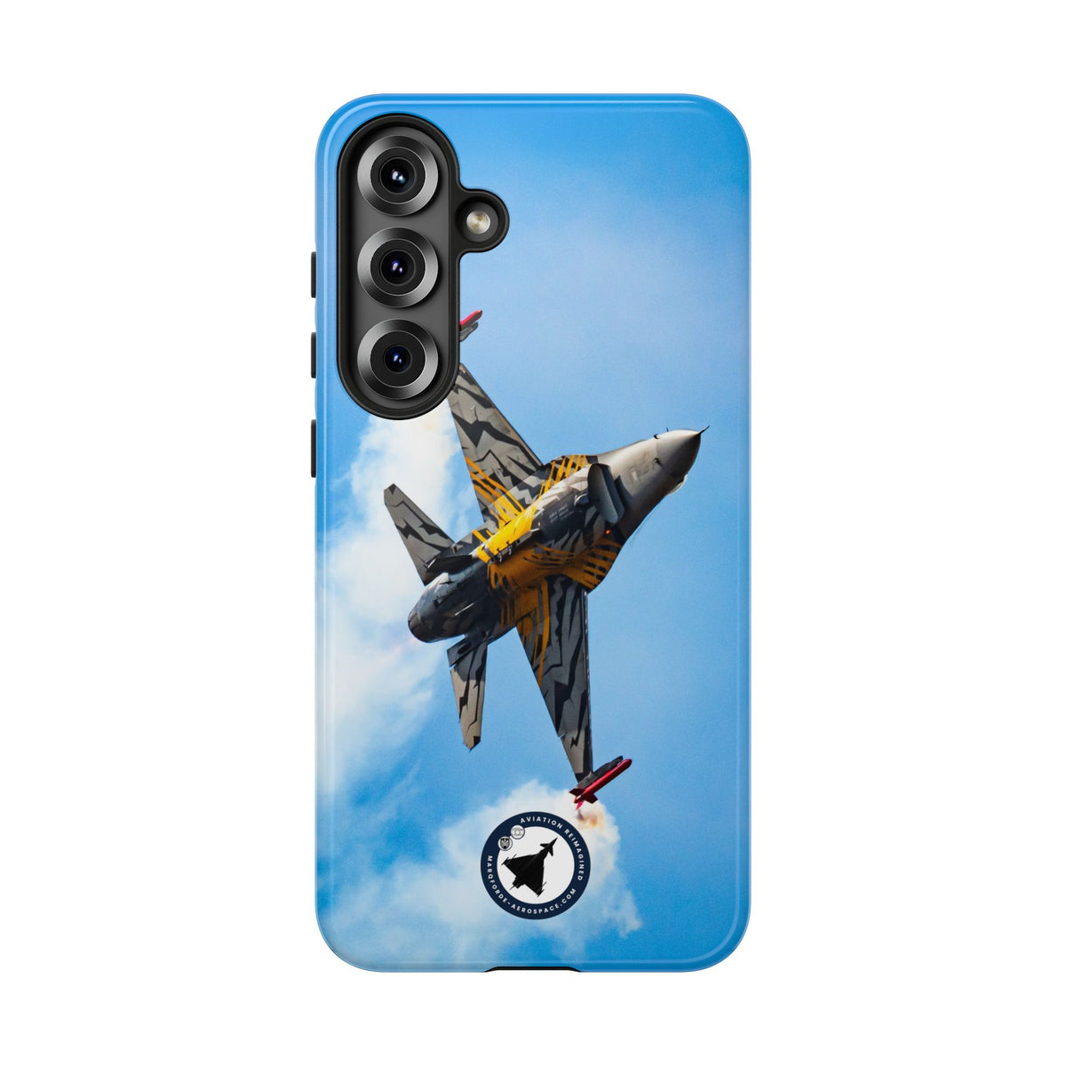 Tiger-striped Belgian F-16 banking hard with smoke aviation photo Samsung Galaxy tough phone case – view 19