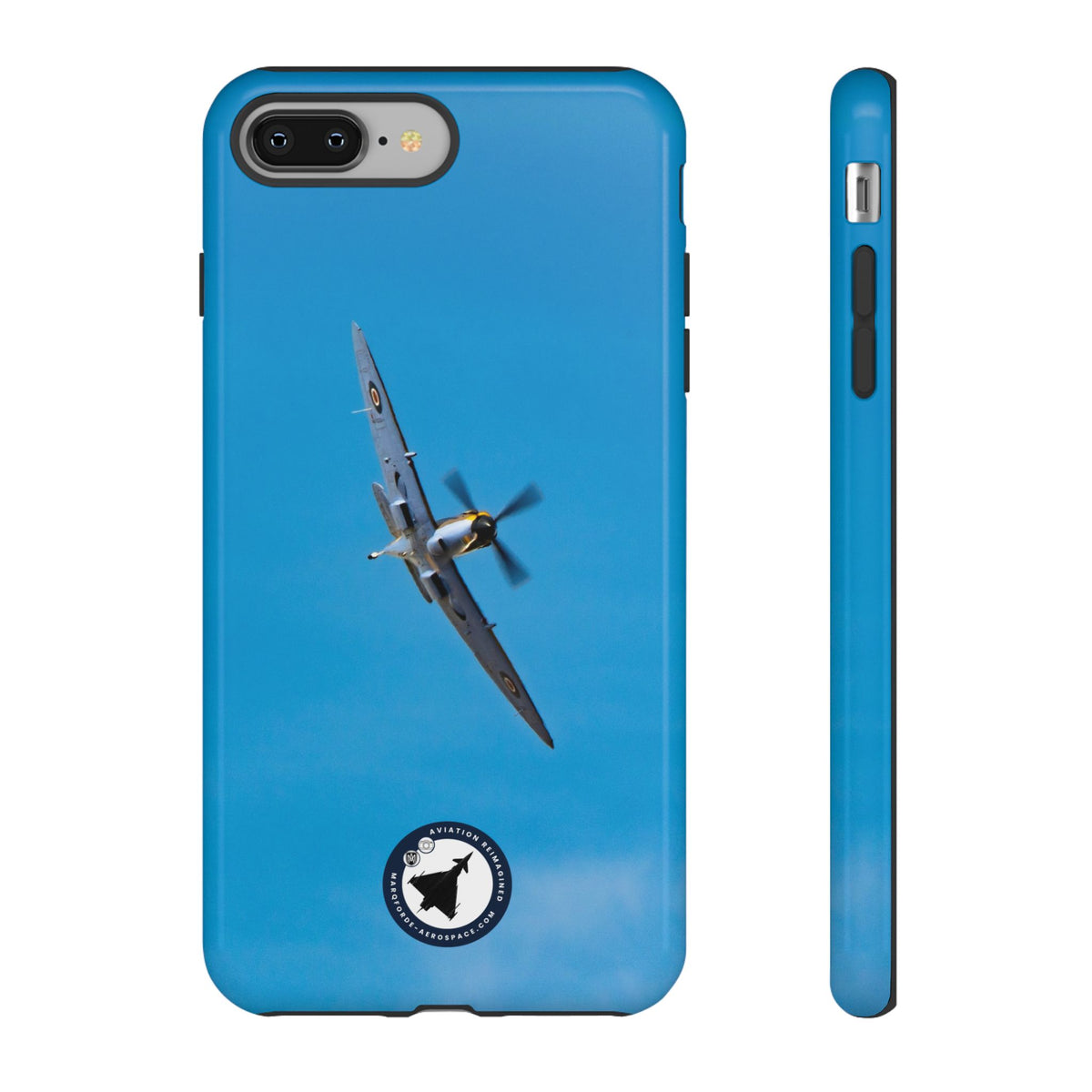 Camouflaged RAF Spitfire banking in a blue sky aviation photo iPhone tough phone case – view 4