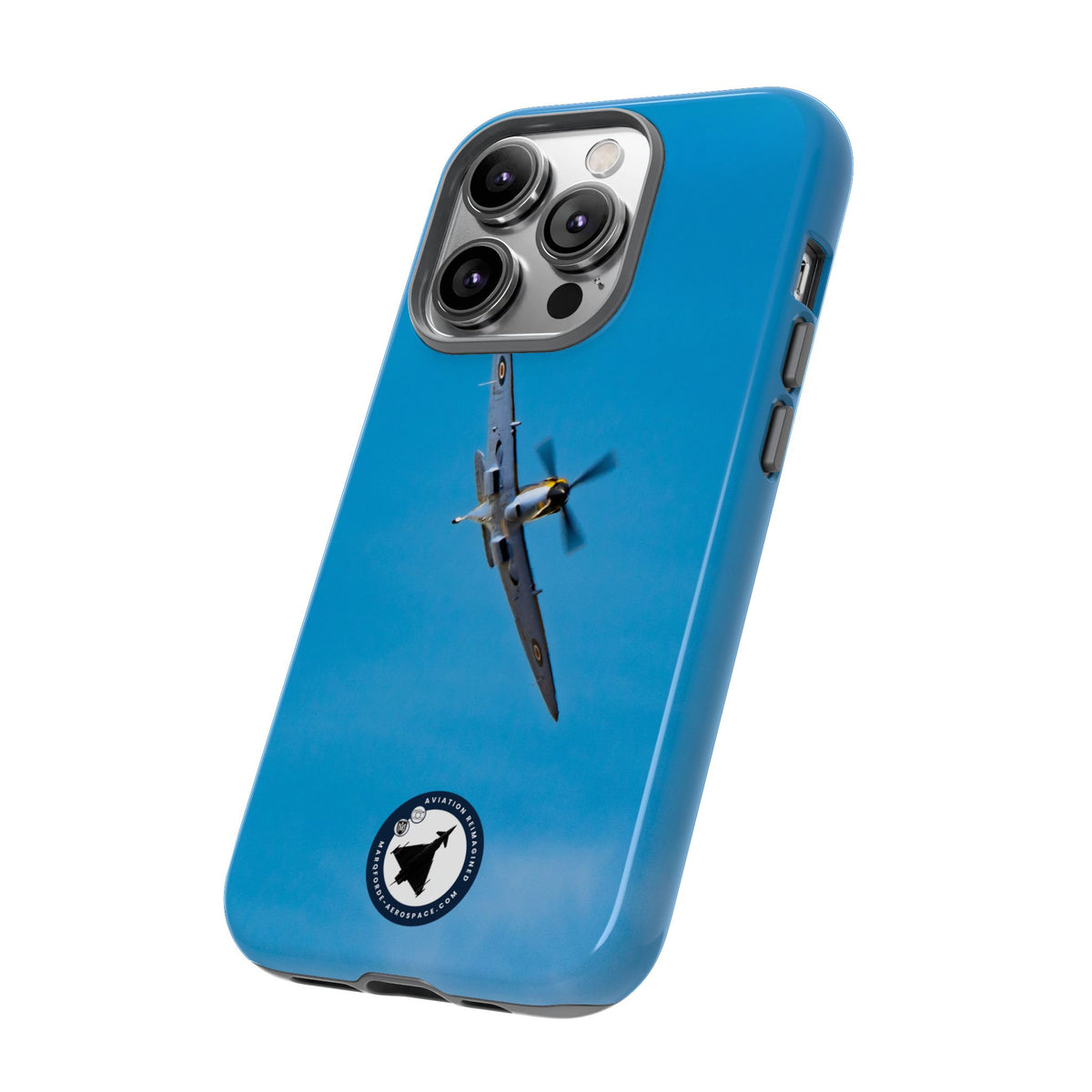 Camouflaged RAF Spitfire banking in a blue sky aviation photo iPhone tough phone case – view 41