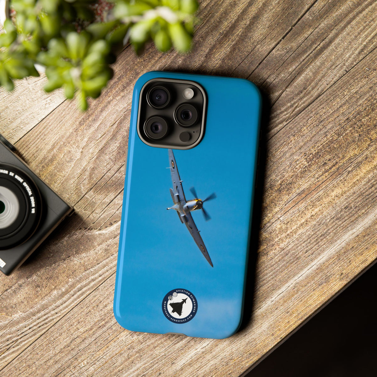 Camouflaged RAF Spitfire banking in a blue sky aviation photo iPhone tough phone case – view 55