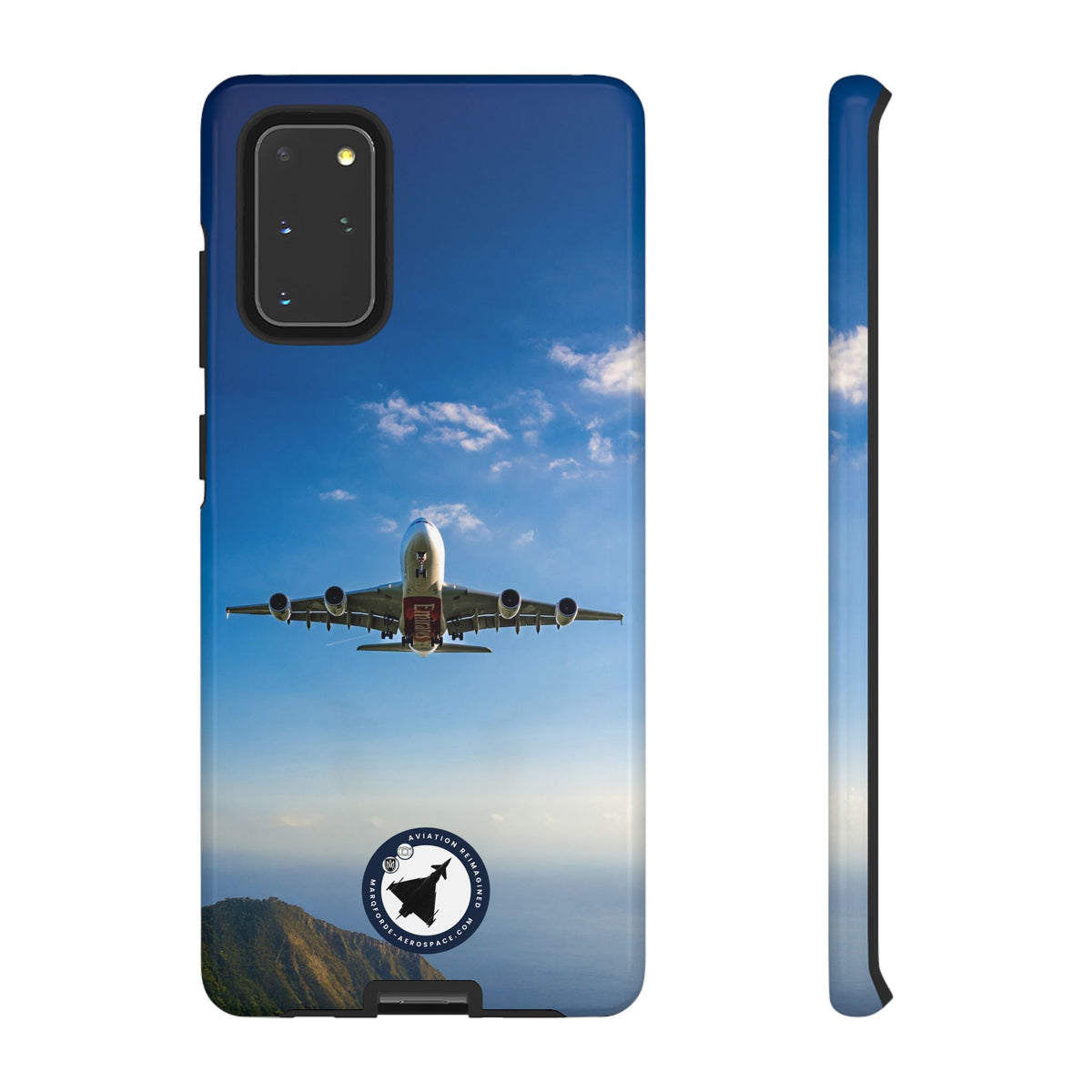Emirates Airbus A380 climbing head-on over coastline aviation photo Samsung Galaxy tough phone case – view 5