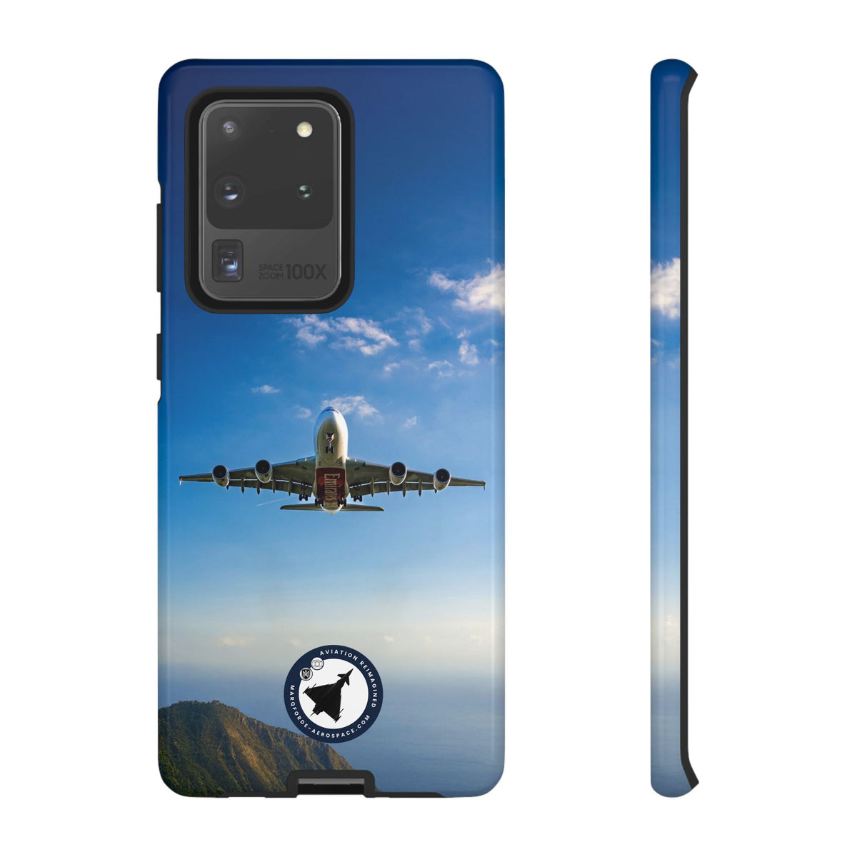 Emirates Airbus A380 climbing head-on over coastline aviation photo Samsung Galaxy tough phone case – view 4