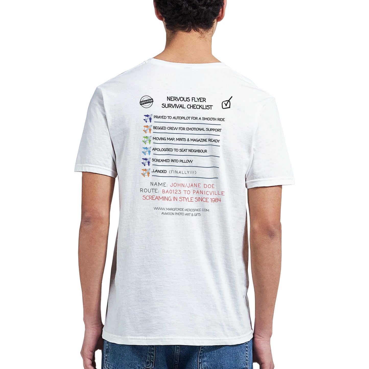 Aviation Humor T-Shirt – Nervous Flyer Checklist Design