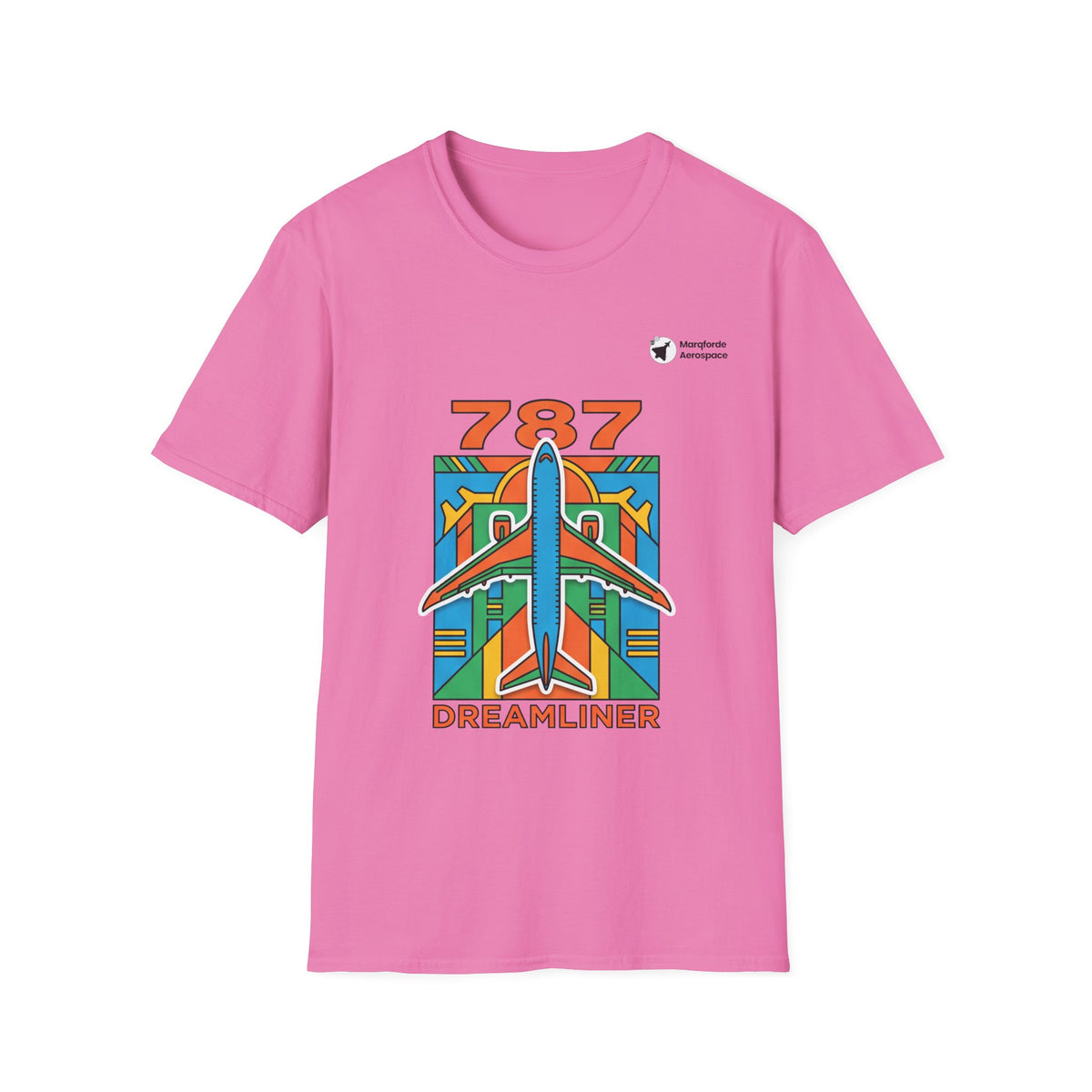 787 Dreamliner Drift aviation graphic on an azalea unisex t-shirt
