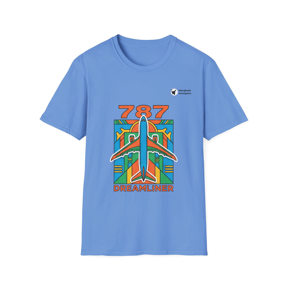 787 Dreamliner Drift aviation graphic on a carolina blue unisex t-shirt