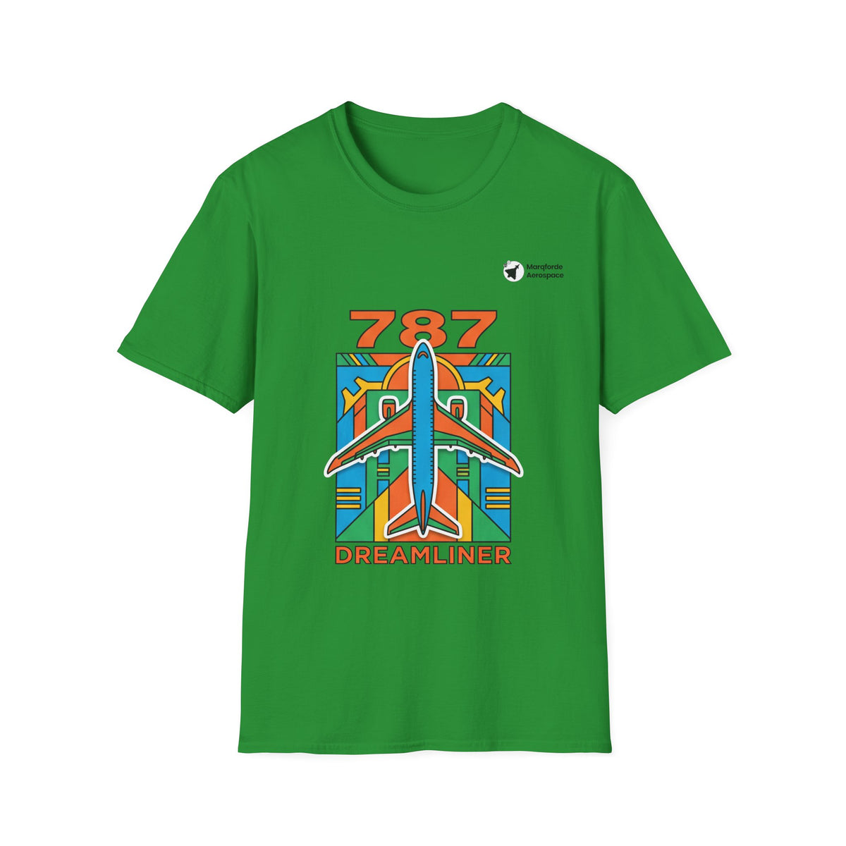 787 Dreamliner Drift aviation graphic on an irish green unisex t-shirt