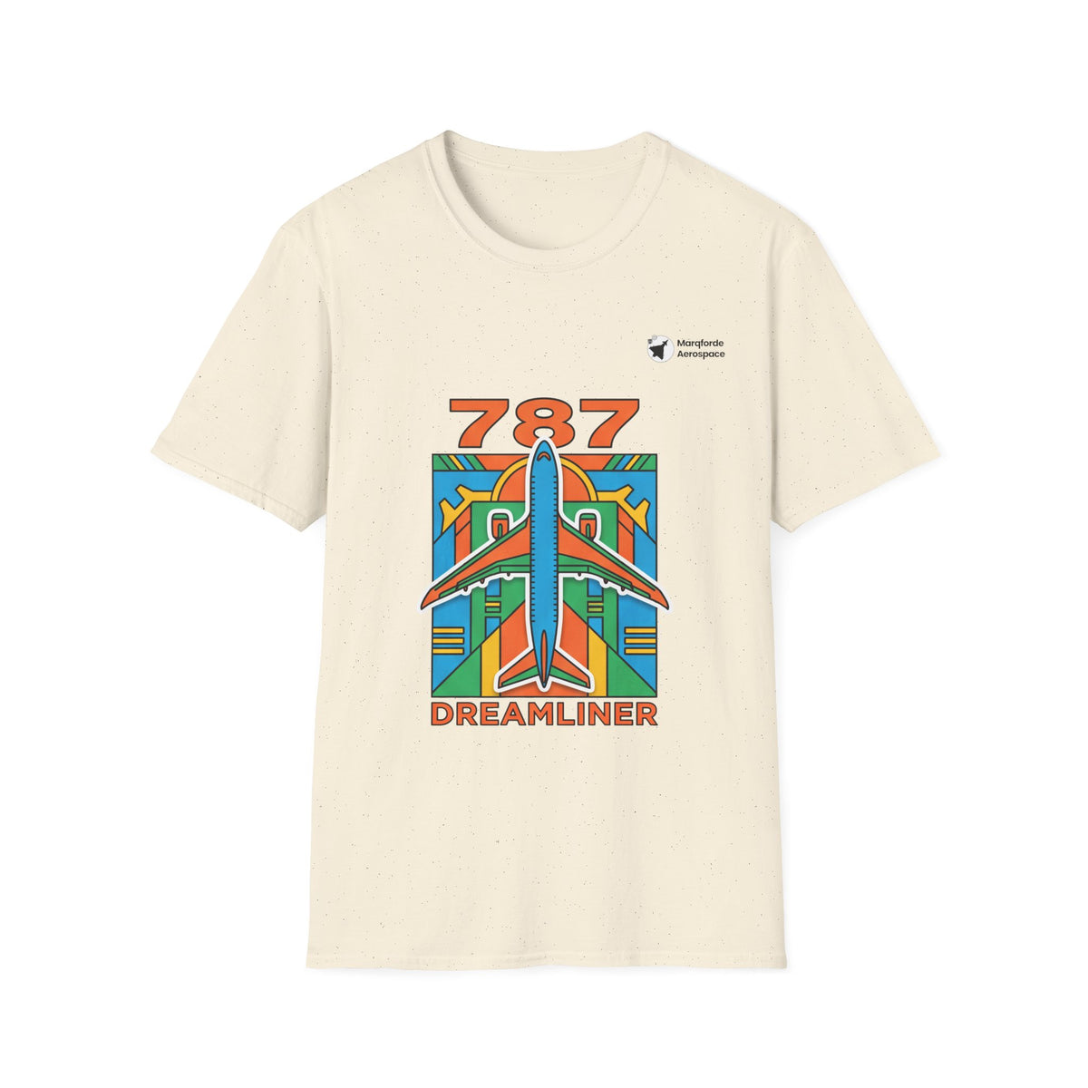 787 Dreamliner Drift aviation graphic on a natural unisex t-shirt