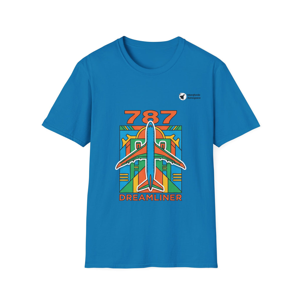 787 Dreamliner Drift aviation graphic on a sapphire unisex t-shirt