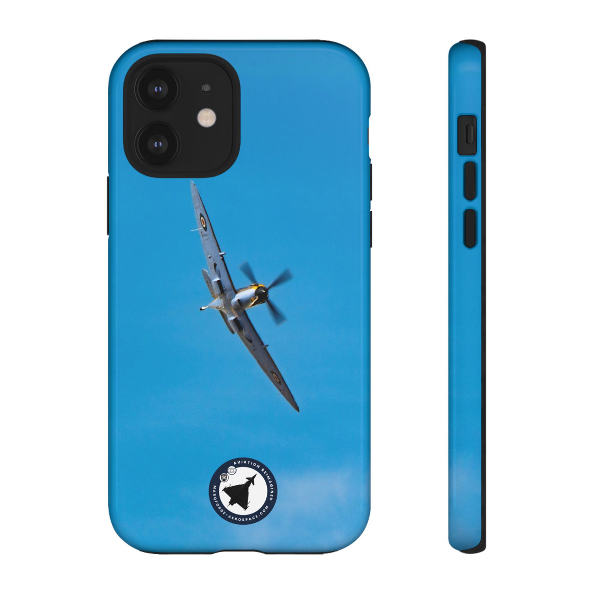 Camouflaged RAF Spitfire banking in a blue sky aviation photo iPhone tough phone case – view 13