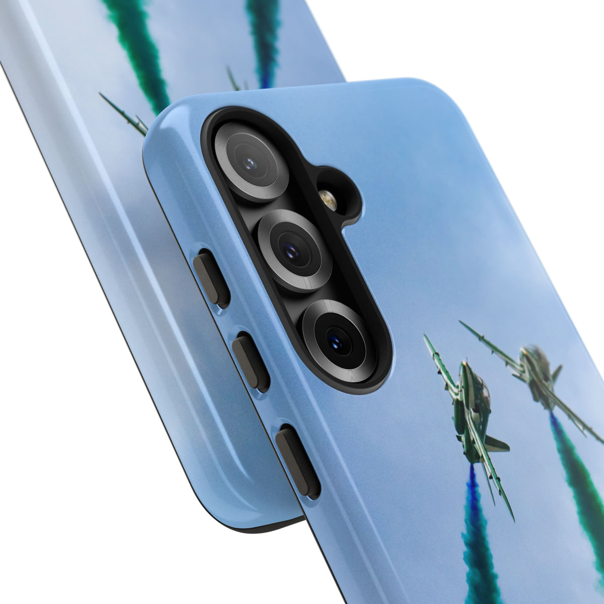 Two Saudi Hawks jets crossing in green smoke aviation photo Samsung Galaxy tough phone case – view 45
