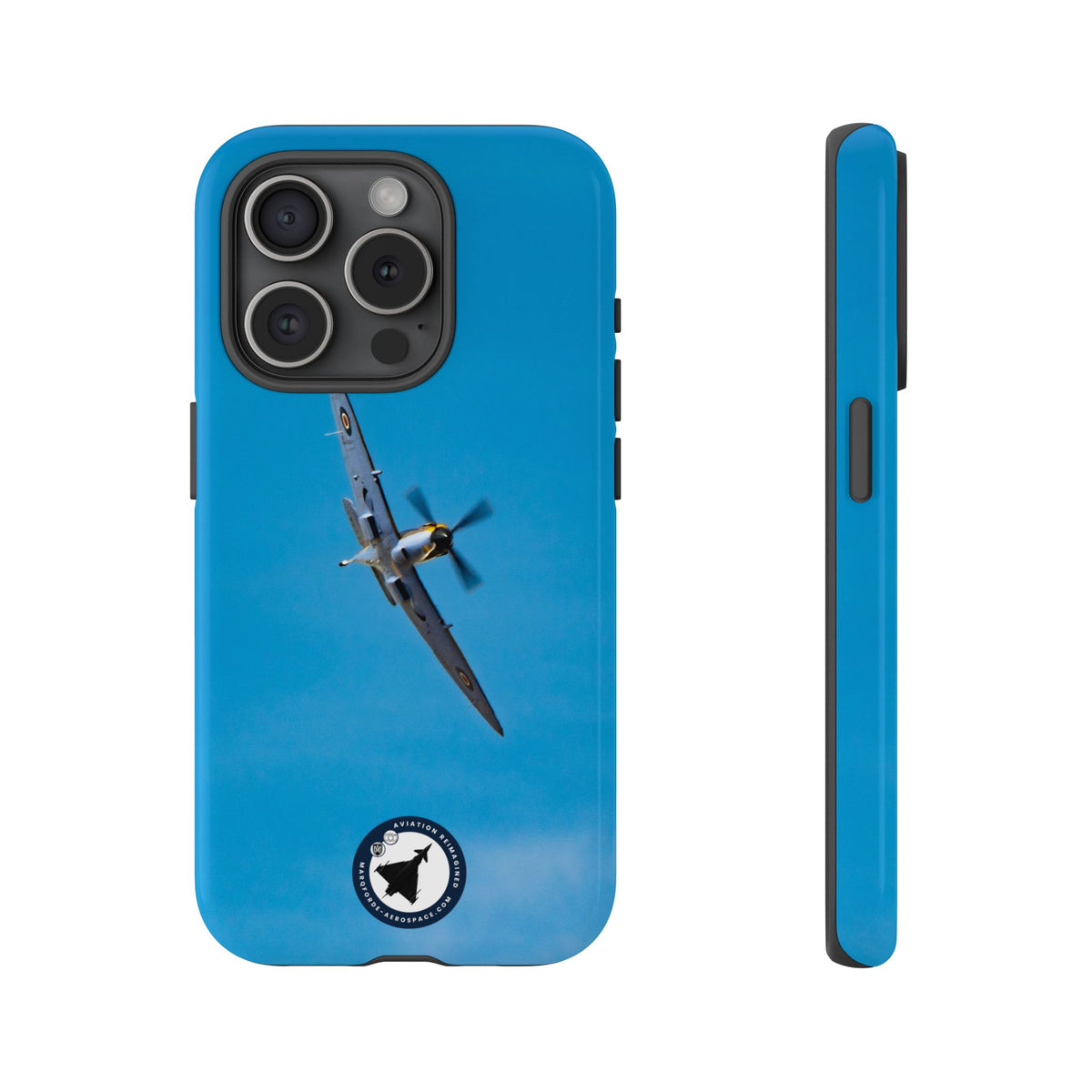 Camouflaged RAF Spitfire banking in a blue sky aviation photo iPhone tough phone case – view 25