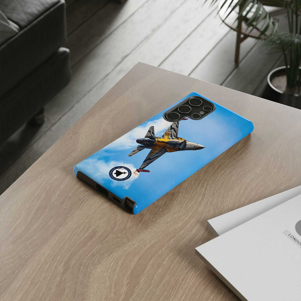 Tiger-striped Belgian F-16 banking hard with smoke aviation photo Samsung Galaxy tough phone case – view 31