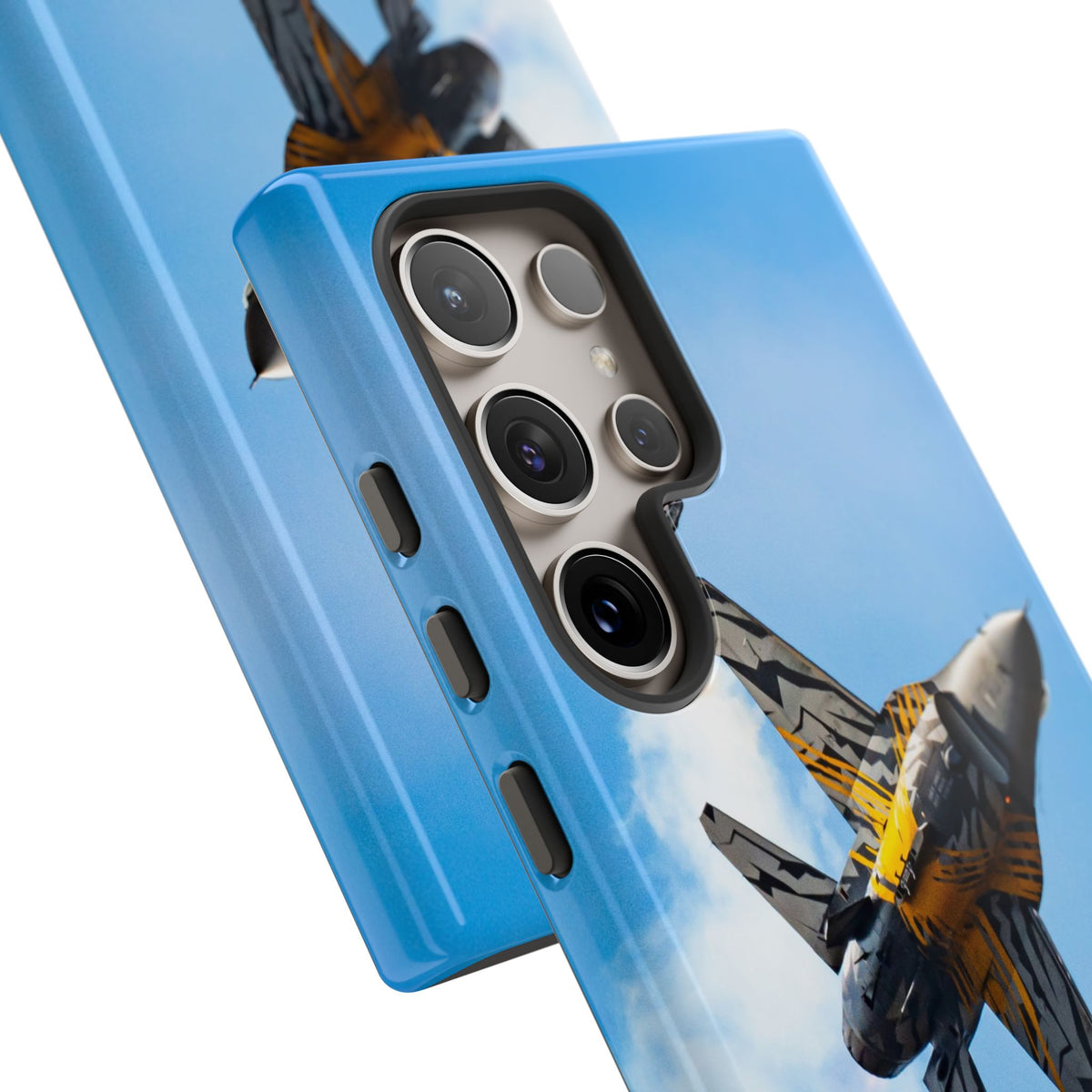 Tiger-striped Belgian F-16 banking hard with smoke aviation photo Samsung Galaxy tough phone case – view 44