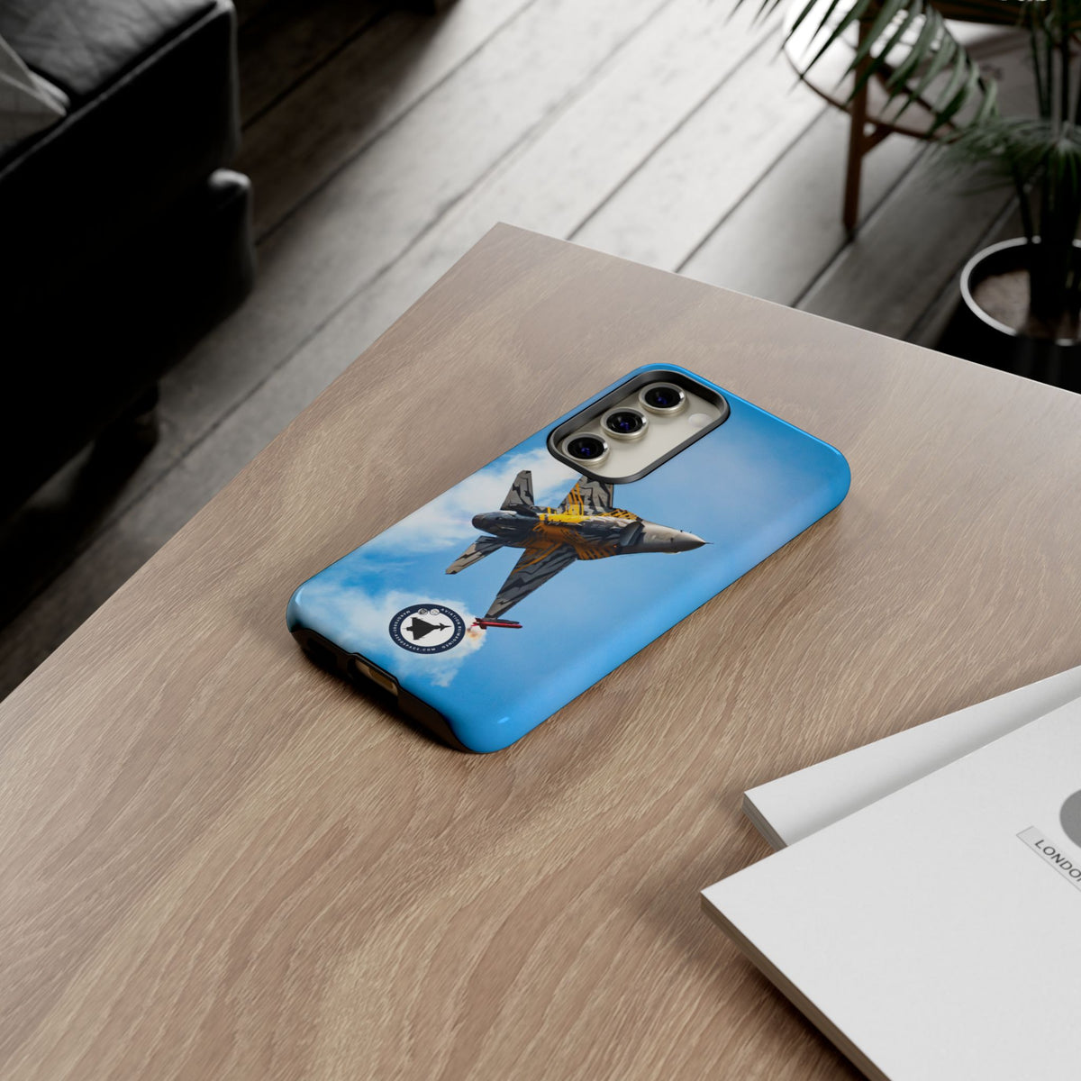 Tiger-striped Belgian F-16 banking hard with smoke aviation photo Samsung Galaxy tough phone case – view 34