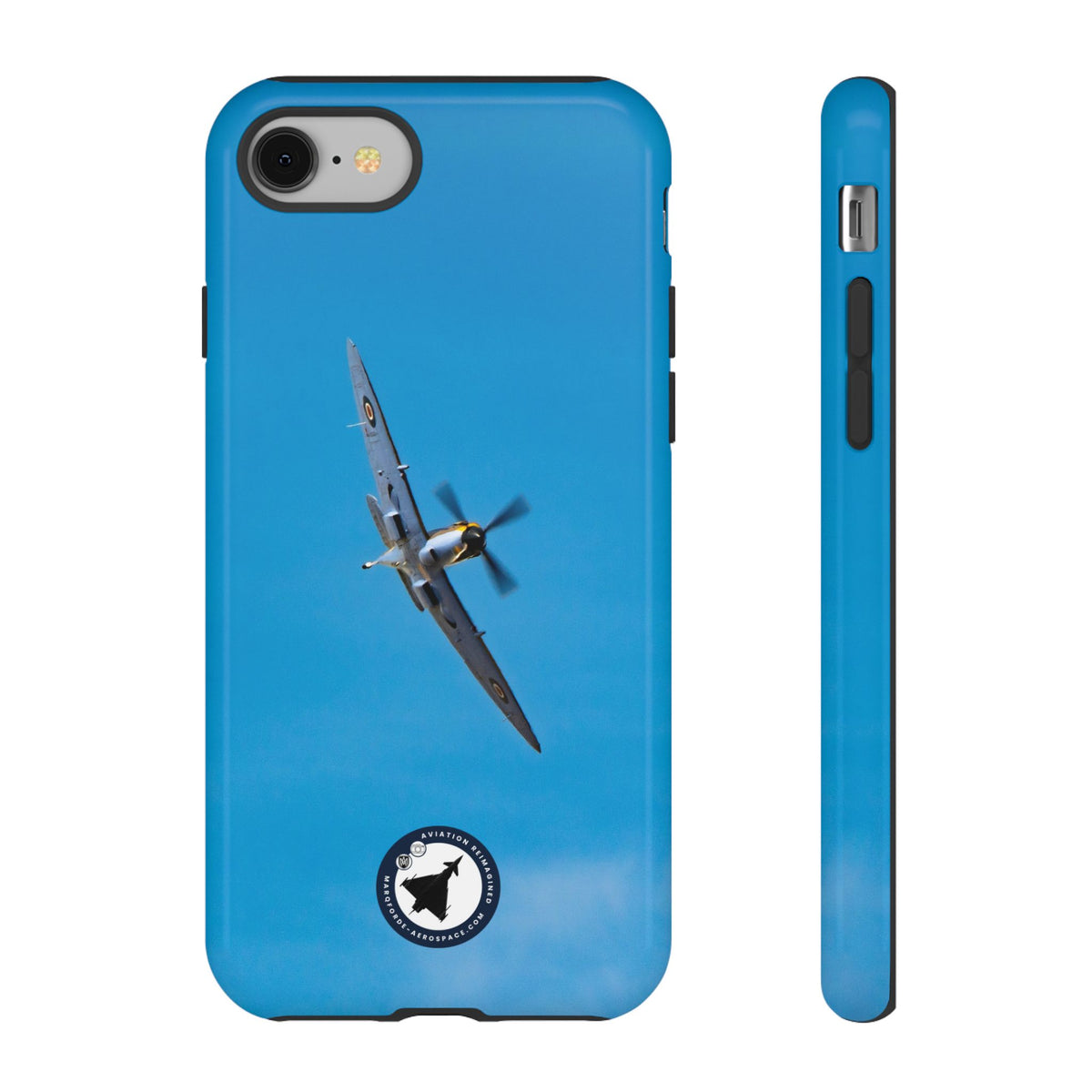 Camouflaged RAF Spitfire banking in a blue sky aviation photo iPhone tough phone case – view 3