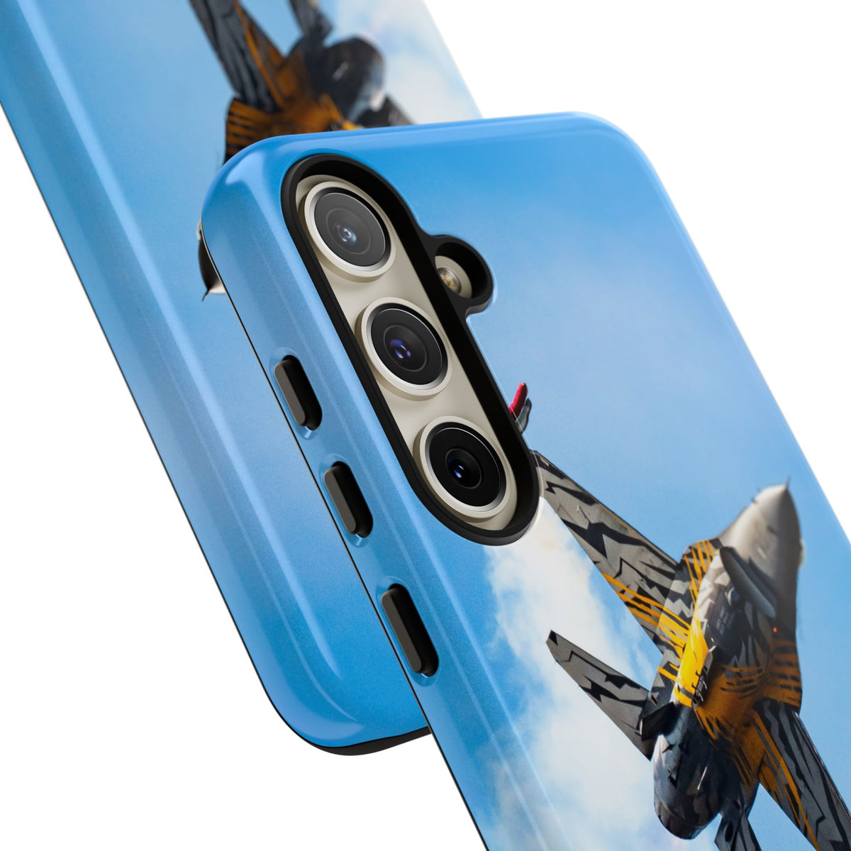 Tiger-striped Belgian F-16 banking hard with smoke aviation photo Samsung Galaxy tough phone case – view 21