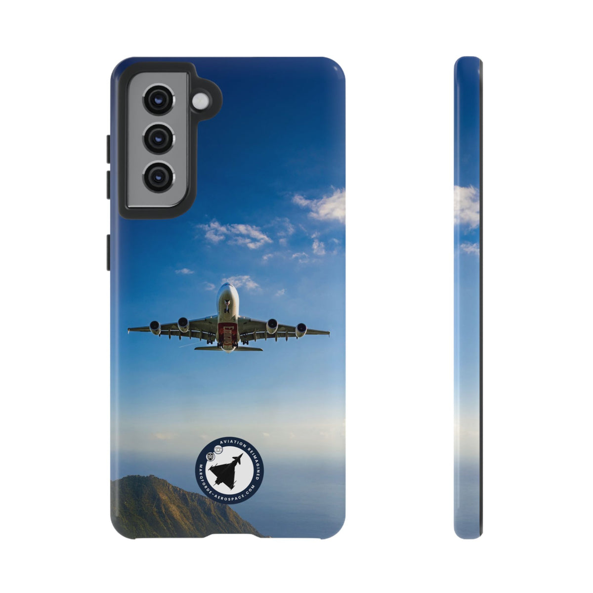 Emirates Airbus A380 climbing head-on over coastline aviation photo Samsung Galaxy tough phone case – view 6