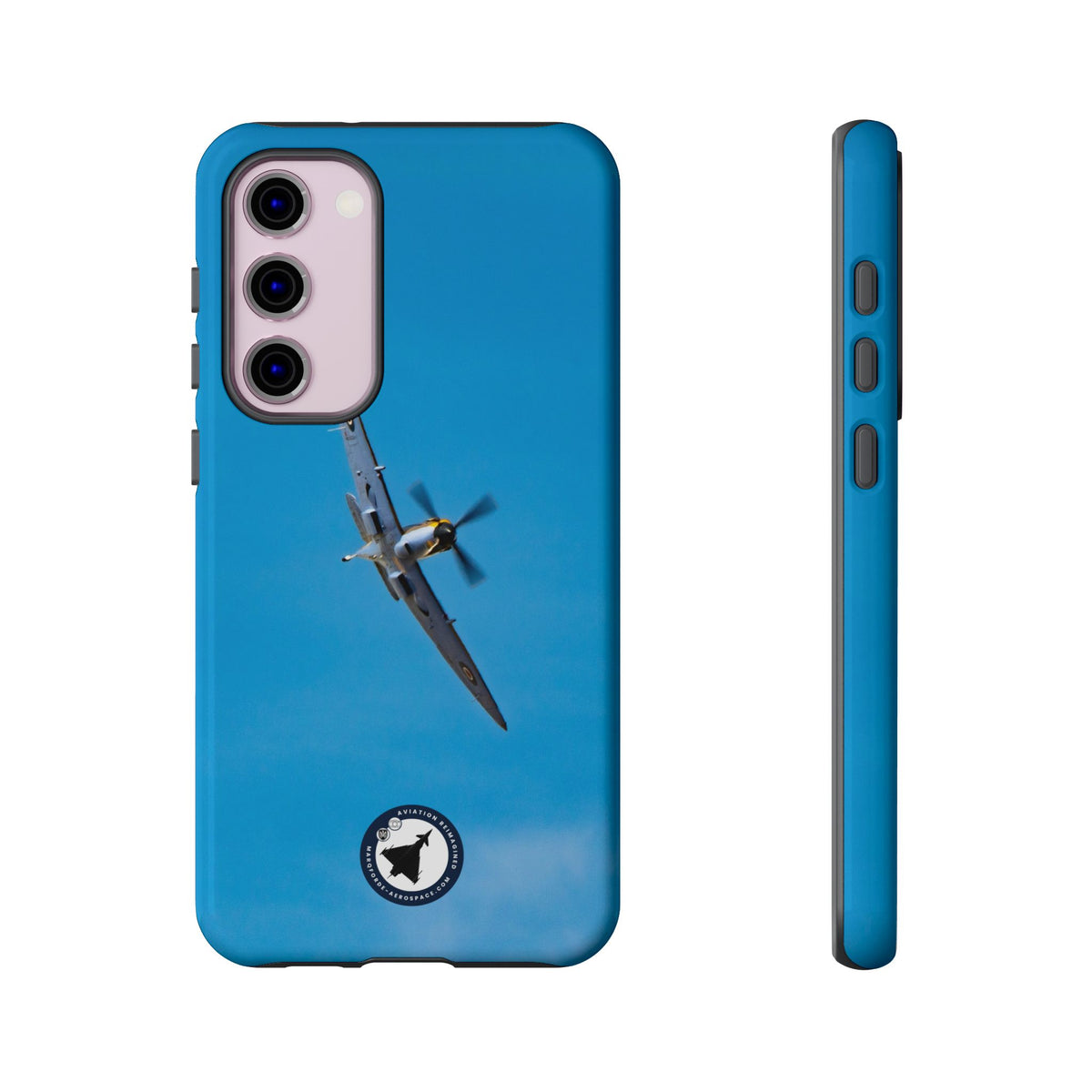 Camouflaged RAF Spitfire banking in a blue sky aviation photo Samsung Galaxy tough phone case – view 9