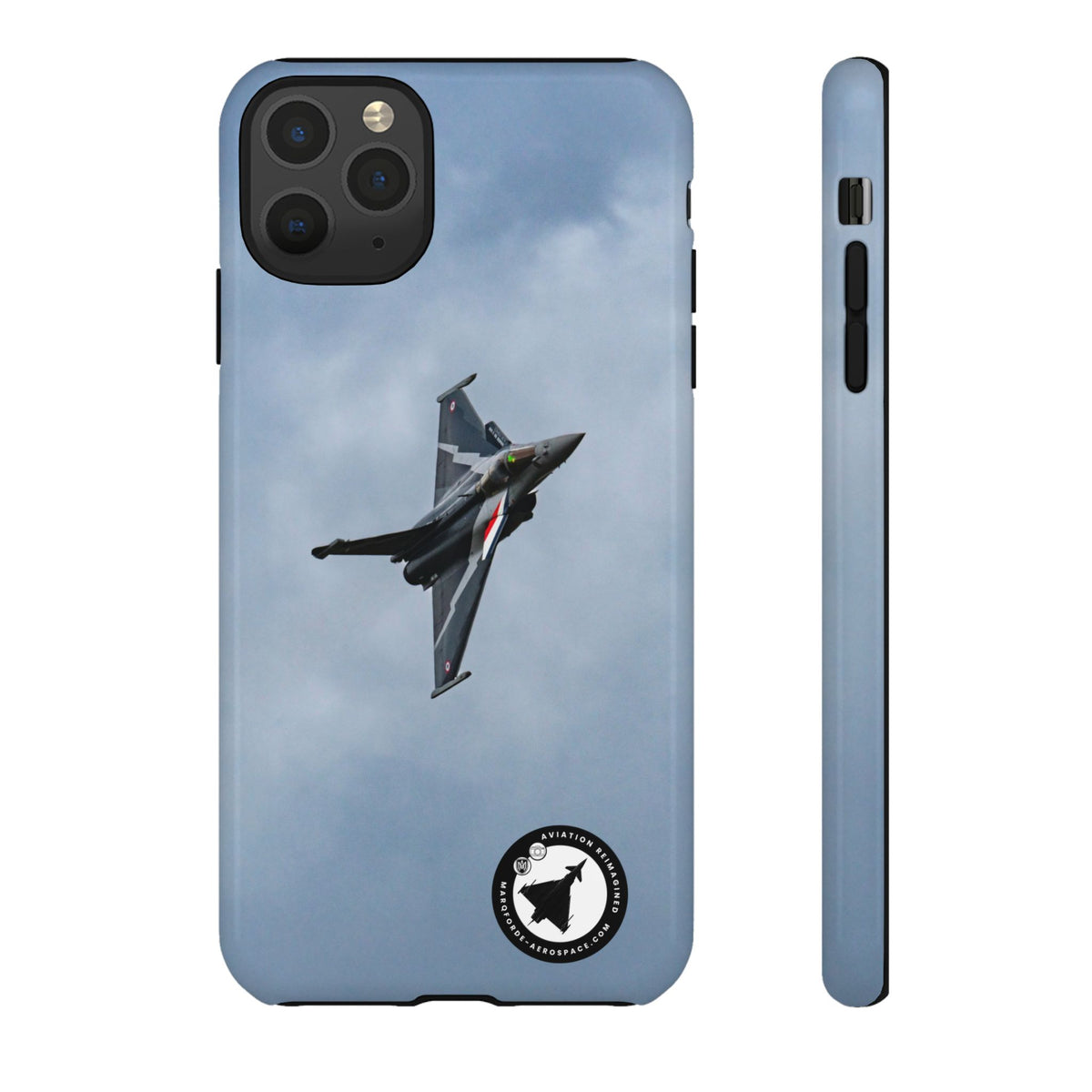 Dark grey striped Rafale banking nose-high in cloud aviation photo iPhone tough phone case – view 4