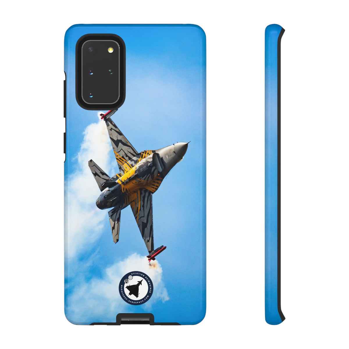 Tiger-striped Belgian F-16 banking hard with smoke aviation photo Samsung Galaxy tough phone case – view 4
