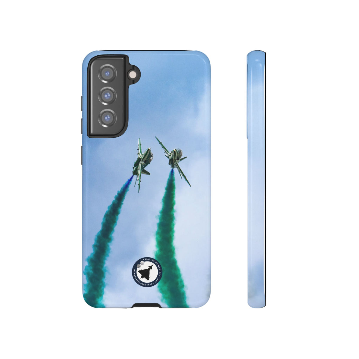 Two Saudi Hawks jets crossing in green smoke aviation photo Samsung Galaxy tough phone case – view 5