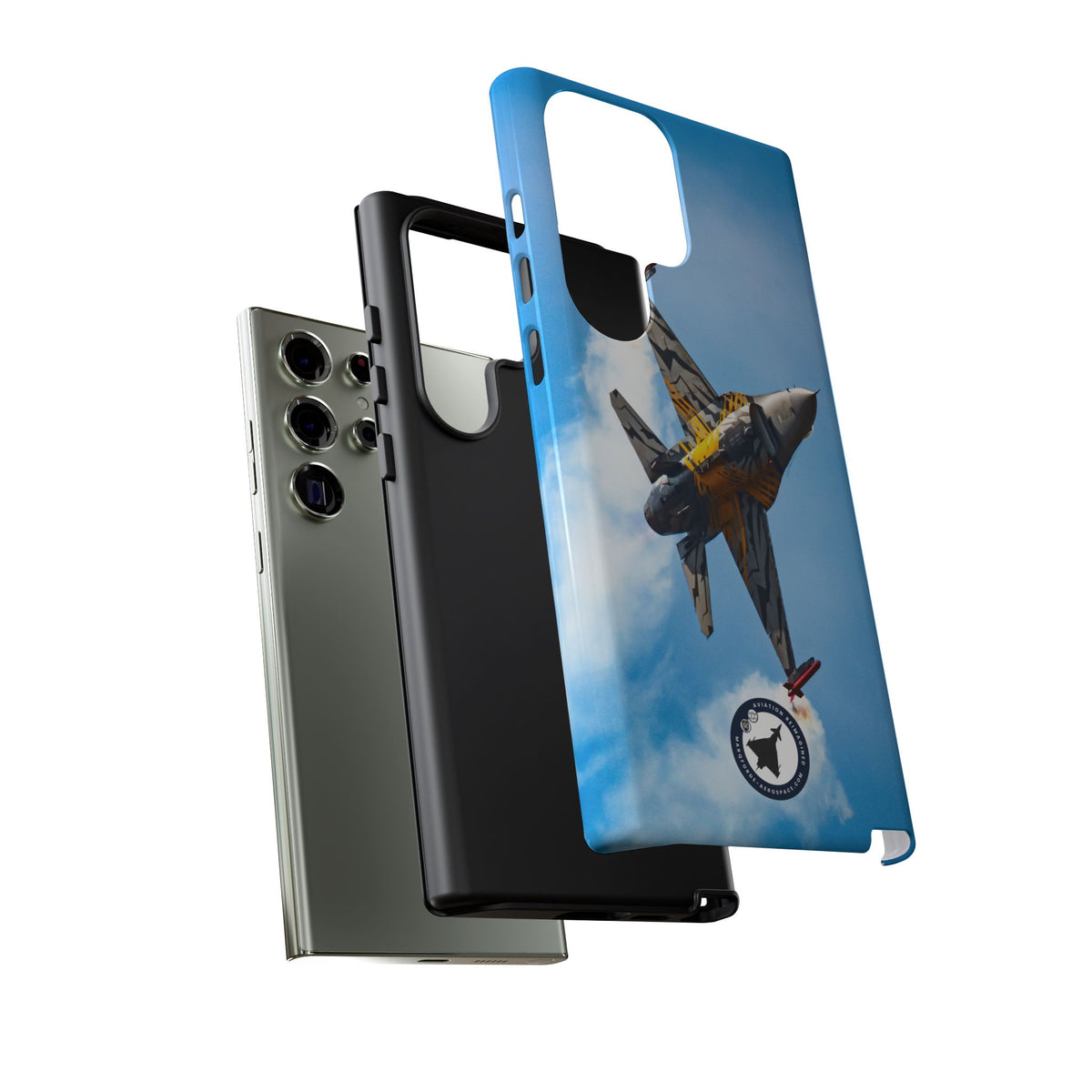Tiger-striped Belgian F-16 banking hard with smoke aviation photo Samsung Galaxy tough phone case – view 39
