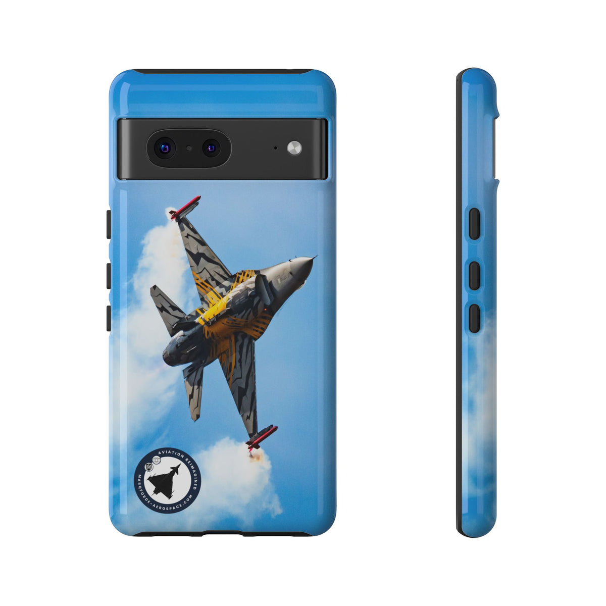 Tiger-striped Belgian F-16 banking hard with smoke aviation photo Google Pixel tough phone case – view 2