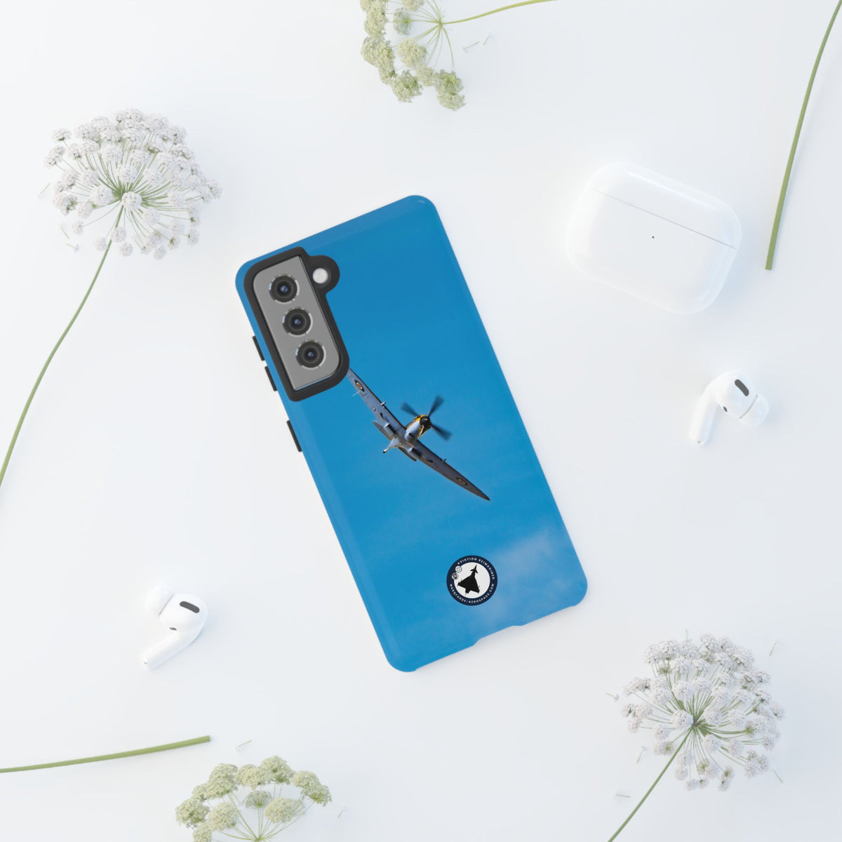 Camouflaged RAF Spitfire banking in a blue sky aviation photo Samsung Galaxy tough phone case – view 19