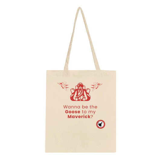 Close-Up of Goose To My Maverick Tote Bag – Bold Text Print on Light Fabric