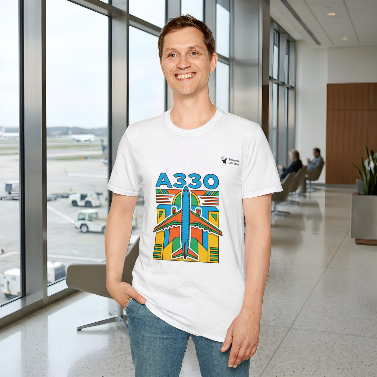 Atlantic A330 aviation graphic on a white unisex t-shirt – view 2