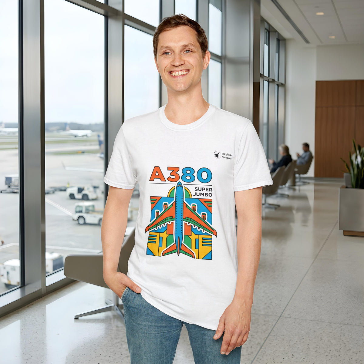 Jumbo Journey A380 aviation graphic on a white unisex t-shirt – view 2
