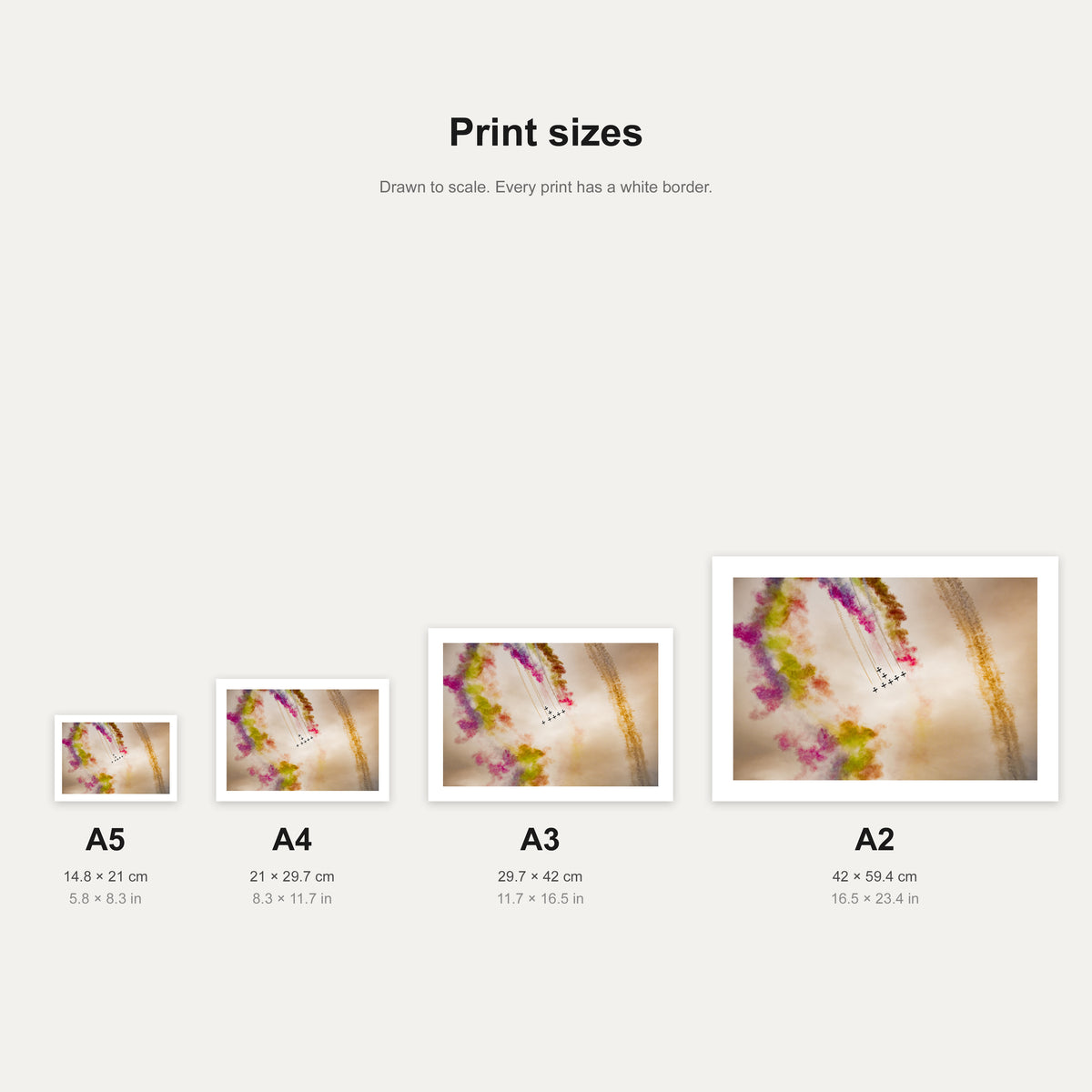 Al Fursan coloured smoke loop print shown at A5, A4, A3 and A2 to scale, wall art size guide