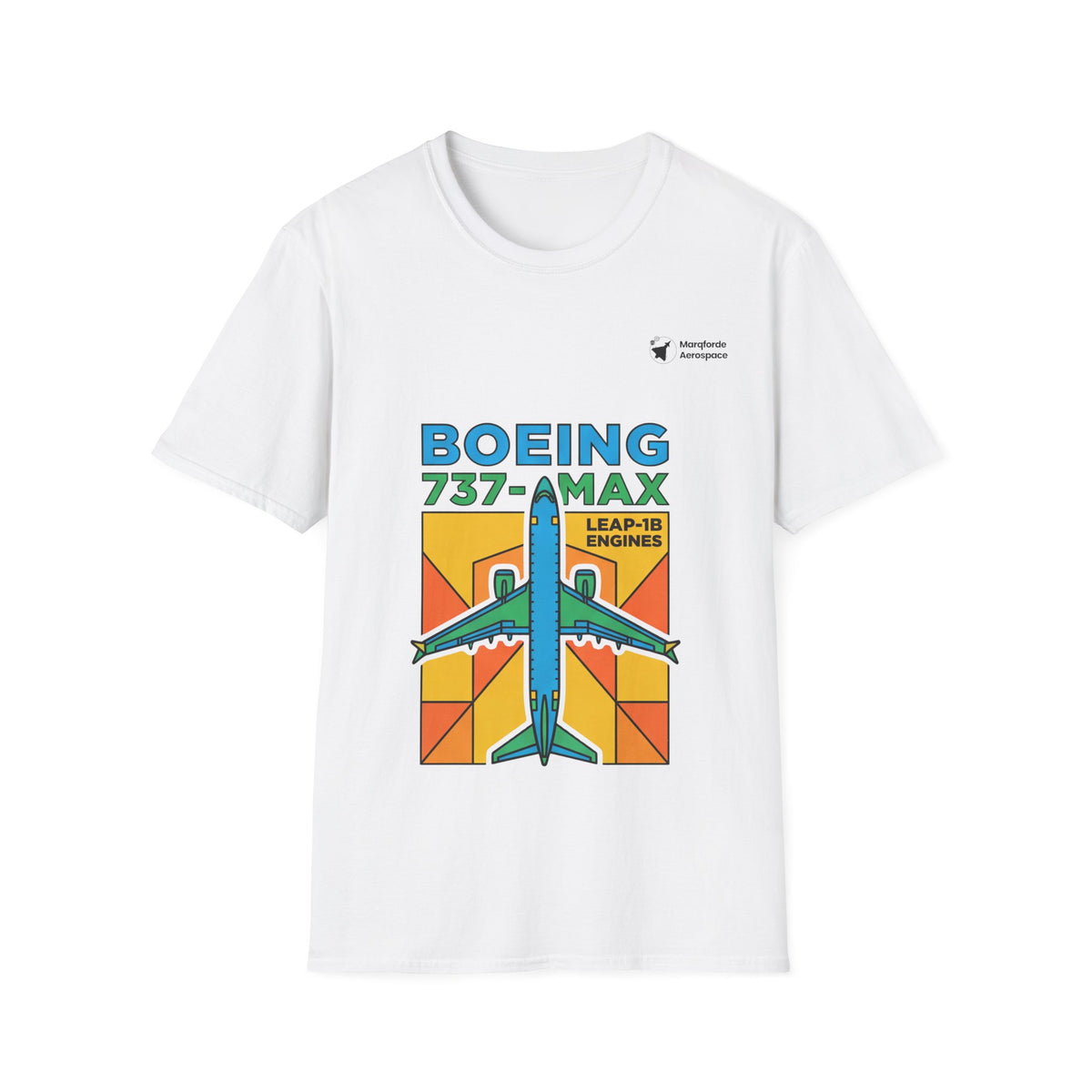 B737-MAX Momentum aviation graphic on a white unisex t-shirt