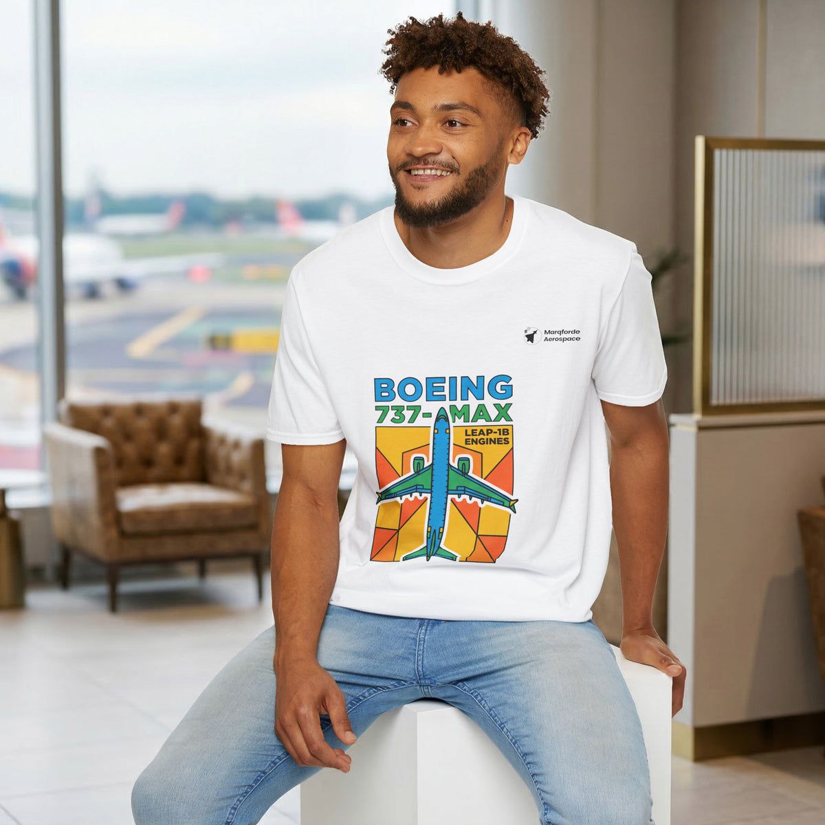 B737-MAX Momentum aviation graphic on a white unisex t-shirt – view 2