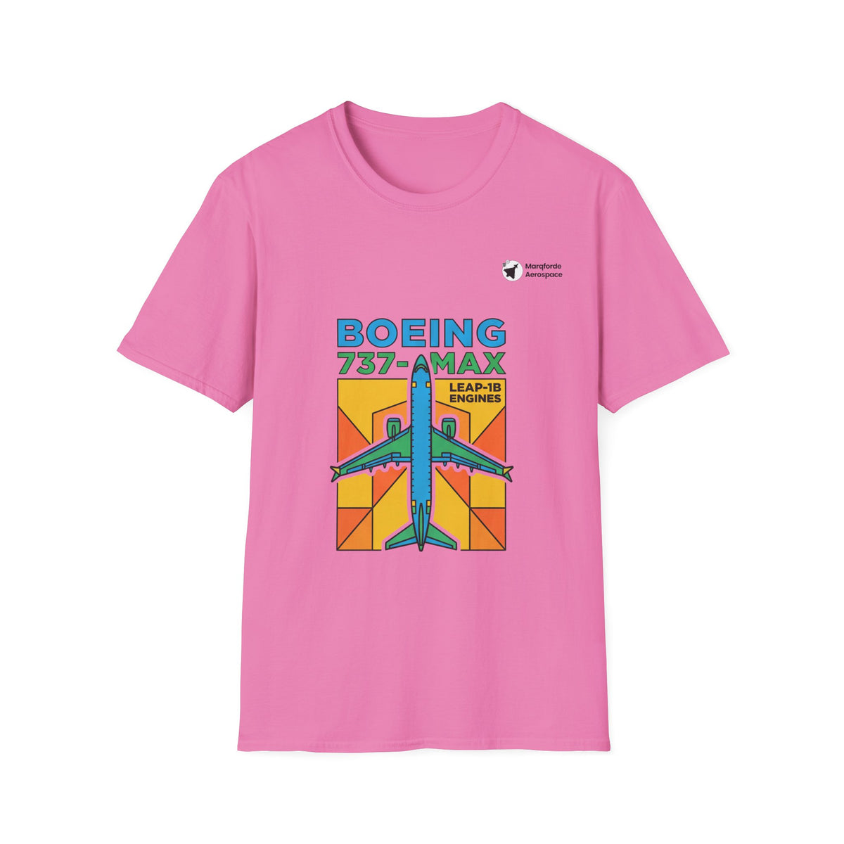 B737-MAX Momentum aviation graphic on an azalea unisex t-shirt