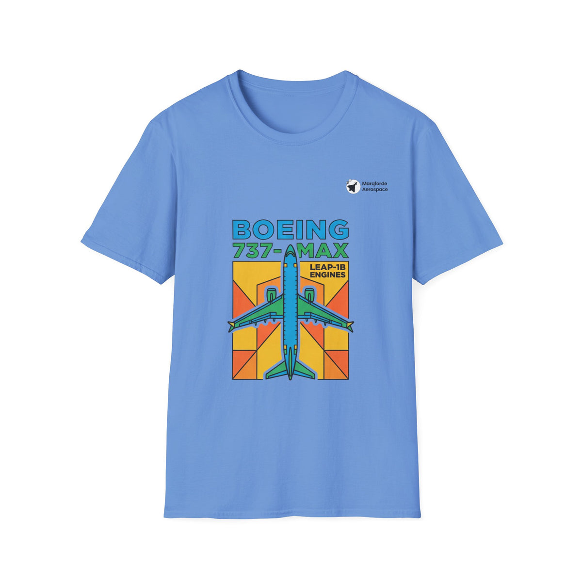 B737-MAX Momentum aviation graphic on a carolina blue unisex t-shirt