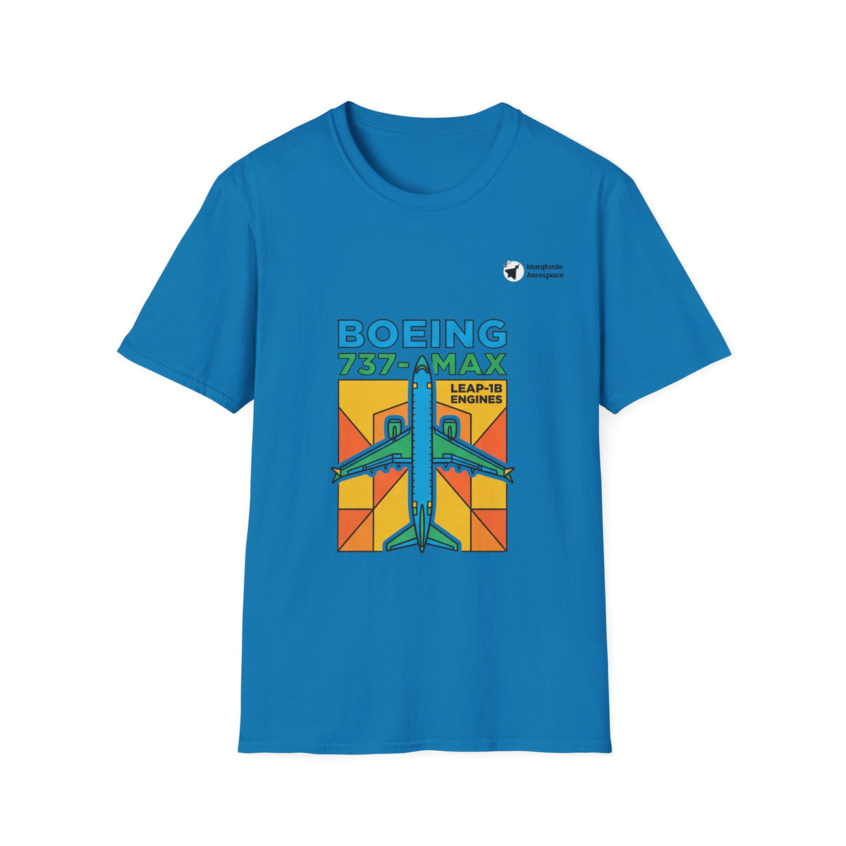 B737-MAX Momentum aviation graphic on a sapphire unisex t-shirt