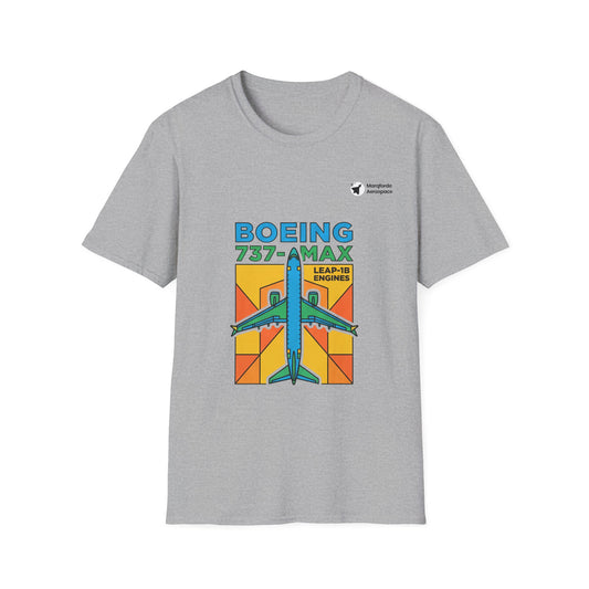 B737-MAX Momentum aviation graphic on a sport grey unisex t-shirt