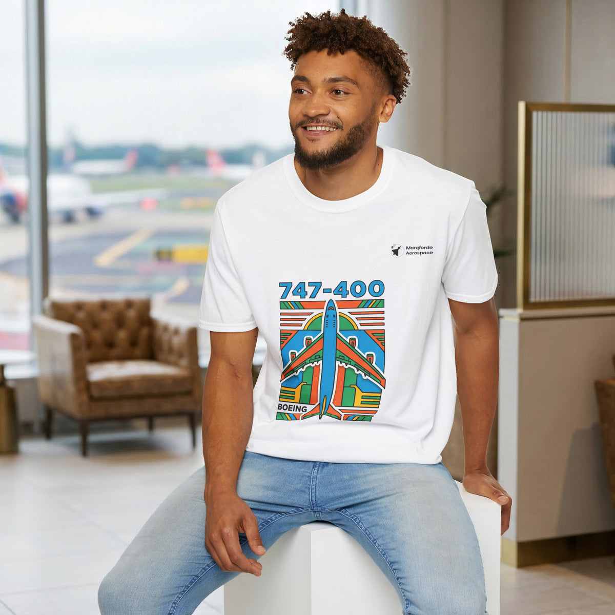 Jumbo Jetstream B747 aviation graphic on a white unisex t-shirt – view 2