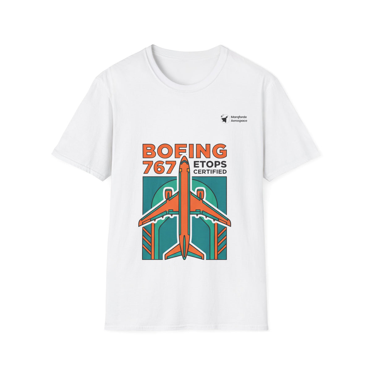Twin Trailblazer 767 aviation graphic on a white unisex t-shirt