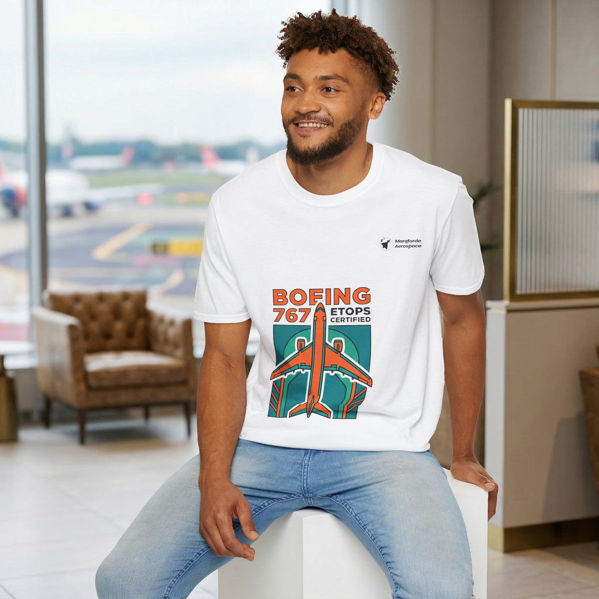Twin Trailblazer 767 aviation graphic on a white unisex t-shirt – view 2