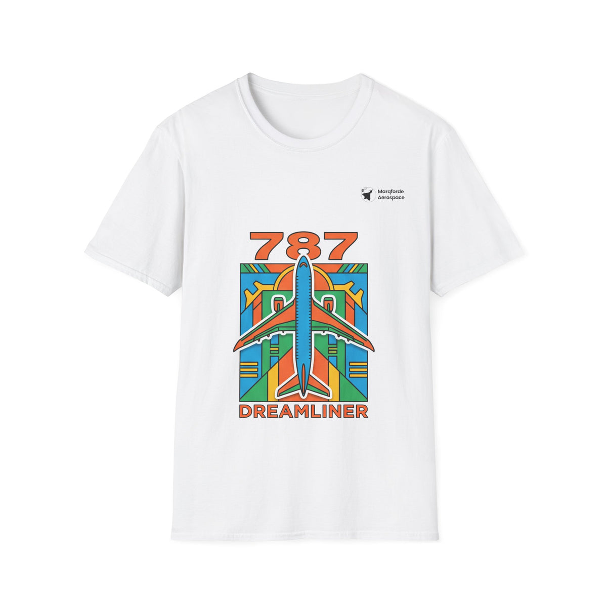 787 Dreamliner Drift aviation graphic on a white unisex t-shirt