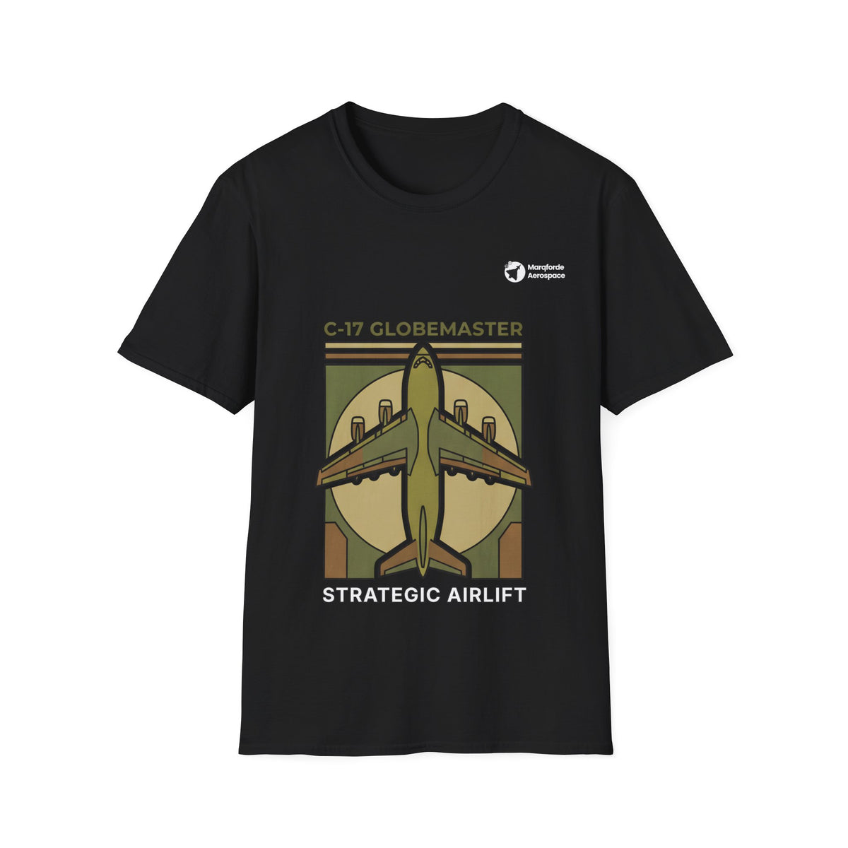 C-17 Cargo Colossus aviation graphic on a black unisex t-shirt